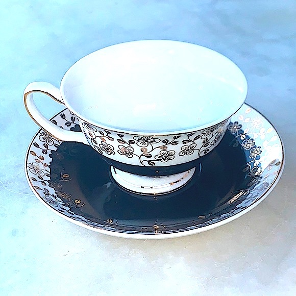 GRACES TEAWARE CUP SAUCER SET BLACK METALLIC GOLD FLORAL NEW PORCELAIN - Picture 8 of 11
